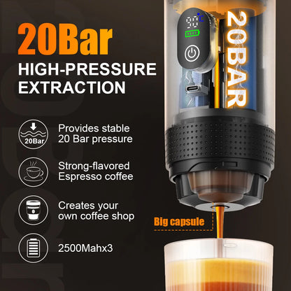 Handheld Espresso Maker Machine 20 bar Pressure Water Heating Function Battery LED Display USB Portable Espresso Coffee Maker