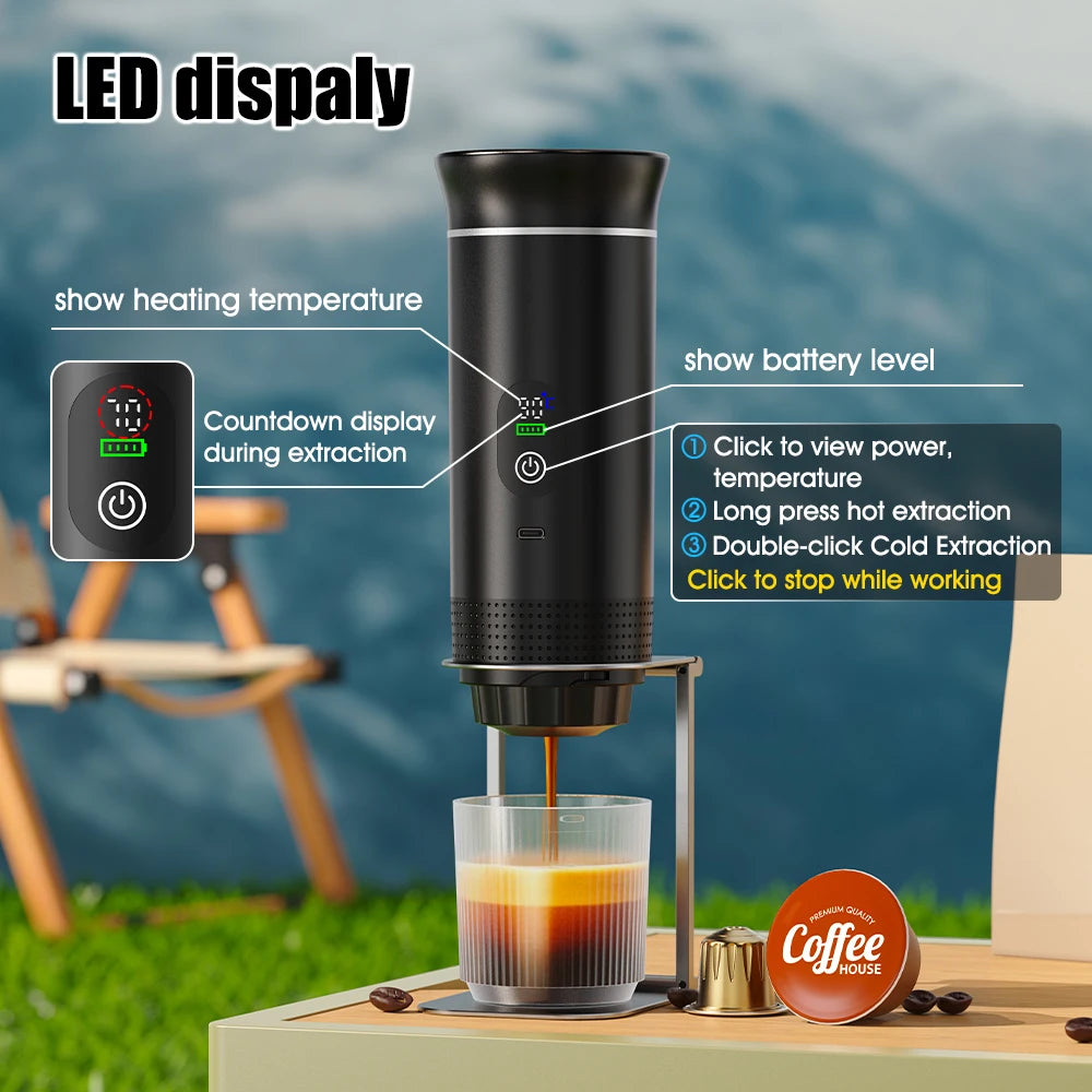 Handheld Espresso Maker Machine 20 bar Pressure Water Heating Function Battery LED Display USB Portable Espresso Coffee Maker